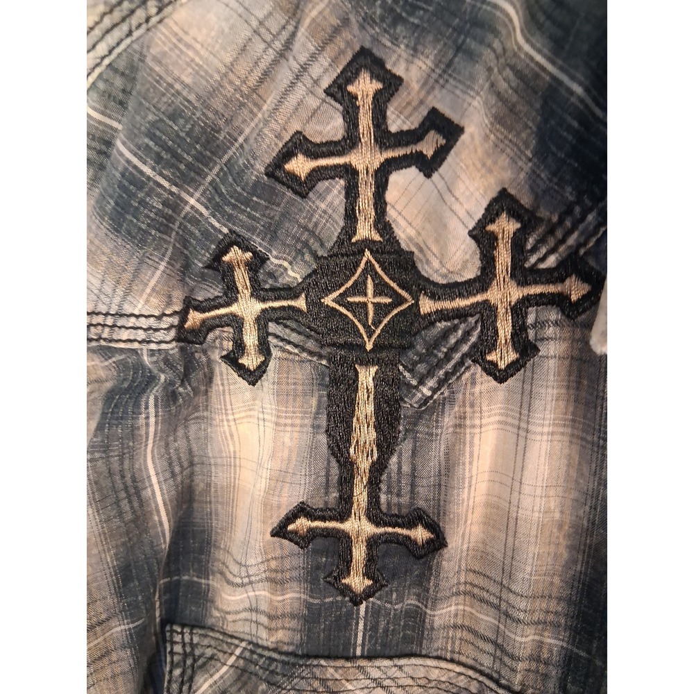 Gothic Western Panhandle Slim Pearl Snap Shirt Mens XL Gray Plaid Embroidered - Picture 4 of 11